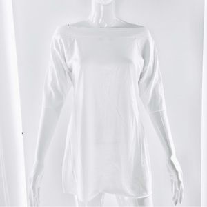VENUS white bateau boat neck short sleeve longer length cotton tee shirt Medium